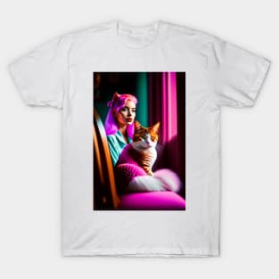 Cute cat with beautiful woman graphic design artwork T-Shirt